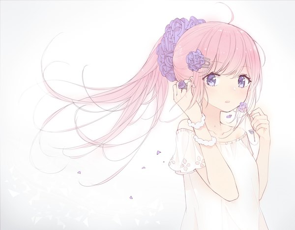 Anime picture 1000x780 with original lf single long hair looking at viewer simple background white background purple eyes payot pink hair upper body ahoge wind adjusting hair girl flower (flowers) petals bracelet hairclip ring