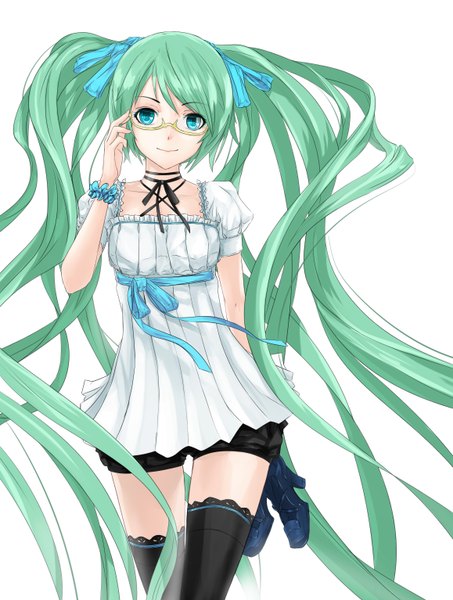 Anime picture 1158x1534 with vocaloid hatsune miku lucifer301 single tall image looking at viewer blue eyes simple background smile standing white background holding very long hair aqua hair high heels no shoes adjusting hair girl thighhighs ribbon (ribbons)