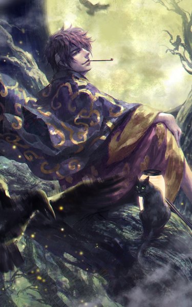Anime picture 1240x1986 with gintama sunrise (studio) takasugi shinsuke hangleing single tall image looking at viewer short hair smile sitting holding looking away purple hair traditional clothes japanese clothes profile looking back night mouth hold bare tree