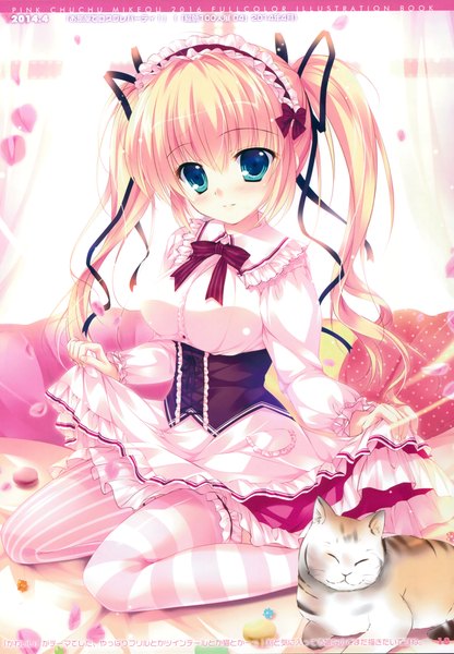 Anime picture 2367x3411 with mikeou single long hair tall image looking at viewer blush highres blue eyes blonde hair twintails scan girl thighhighs dress ribbon (ribbons) hair ribbon animal petals frills cat