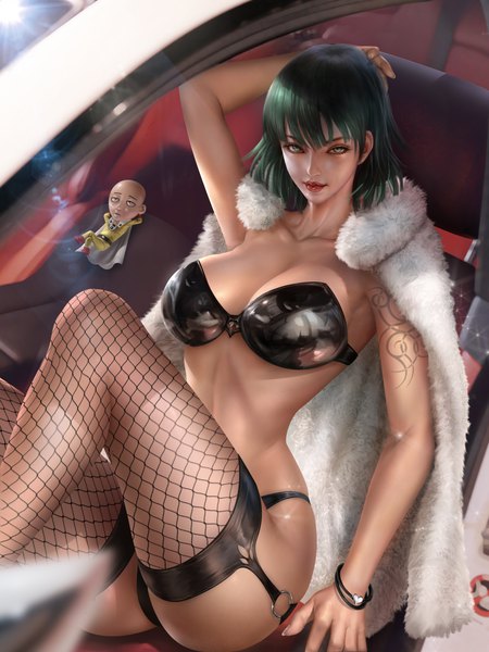 Anime picture 3000x4000 with one-punch man madhouse fubuki (one-punch man) saitama (one-punch man) yam spectrum tall image looking at viewer fringe highres short hair breasts light erotic large breasts sitting green eyes cleavage bent knee (knees) arm up fingernails green hair