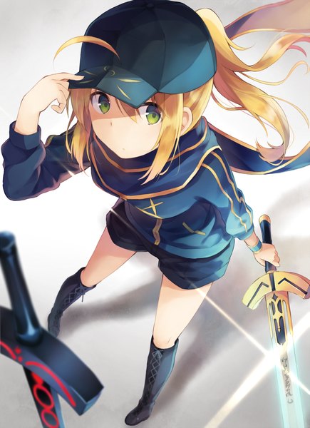 Anime picture 1000x1379 with fate (series) fate/grand order artoria pendragon (all) mysterious heroine x (fate) nonono (nononotea) single long hair tall image blonde hair green eyes full body ahoge ponytail from above grey background shadow lens flare lacing glow girl