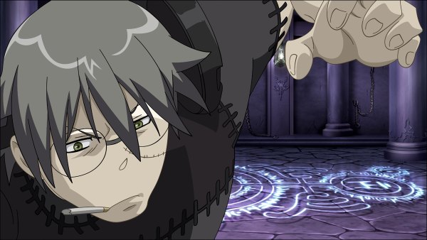 Anime picture 1200x676 with soul eater studio bones franken stein morrow single short hair wide image holding green eyes indoors grey hair mouth hold magic portrait scar face vector boy glasses cigarette