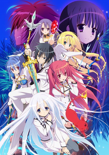 Anime picture 1556x2202 with seirei tsukai no blade dance terminus est claire rouge restia ashdoll fianna ray ordessia kazehaya kamito ellis fahrengart rinslet laurenfrost io inzagi tall image looking at viewer open mouth blue eyes black hair blonde hair red eyes purple eyes multiple girls green eyes blue hair