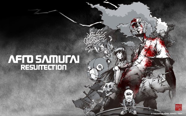 Anime picture 1920x1200 with afro samurai tagme (character) highres wide image monochrome group afro girl boy weapon sword katana blood toy stuffed animal teddy bear bear