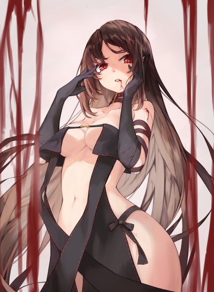 Anime picture 3871x5281 with fate (series) fate/grand order yu mei-ren (fate) koki 1009 single tall image looking at viewer highres breasts light erotic red eyes brown hair large breasts standing payot absurdres very long hair parted lips from below shaded face