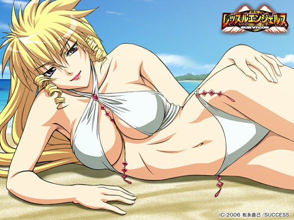 Anime picture 1024x768 with wrestle angels survivor wrestle angels beauty ichigaya long hair breasts light erotic blonde hair smile large breasts purple eyes lying wallpaper lipstick beach drill hair on side between breasts sand navel swimsuit