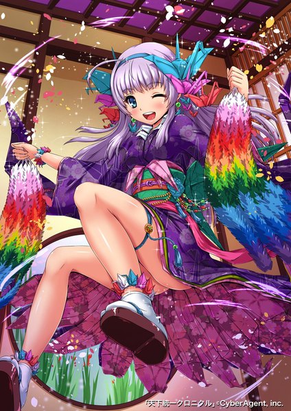 Anime picture 800x1131 with tenkuu no crystalia sakiyamama single long hair tall image looking at viewer blush fringe open mouth blue eyes light erotic smile holding purple hair full body ahoge indoors blunt bangs traditional clothes japanese clothes