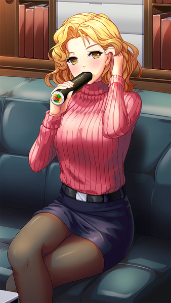 Anime picture 640x1136 with doukyuusei doukyuusei another world a-1 pictures saitou mako single tall image looking at viewer blush blonde hair sitting holding yellow eyes payot game cg indoors long sleeves official art crossed legs adjusting hair eating