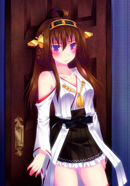 Anime picture 700x1000 with kantai collection kongou battleship door to heaven single long hair tall image looking at viewer blush brown hair purple eyes ahoge tears nontraditional miko girl hair ornament detached sleeves