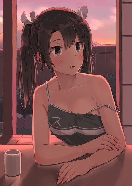 Anime picture 1500x2120 with kantai collection zuikaku aircraft carrier soushou nin single tall image blush fringe short hair breasts open mouth hair between eyes brown hair sitting twintails bare shoulders brown eyes payot looking away sky cleavage