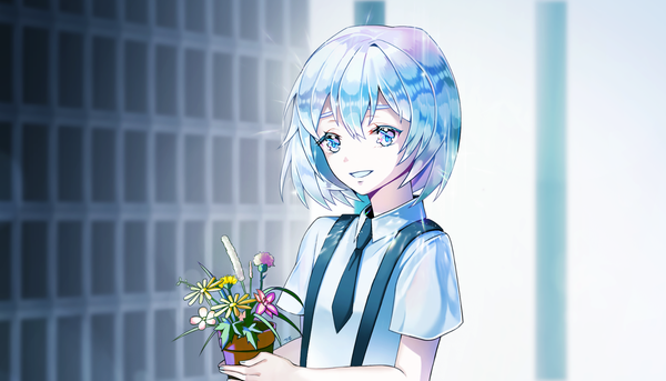 Anime picture 1800x1030 with houseki no kuni diamond (houseki no kuni) ggomddak single looking at viewer fringe highres short hair open mouth blue eyes hair between eyes wide image blue hair shiny androgynous flower (flowers) plant (plants) necktie suspenders potted plant