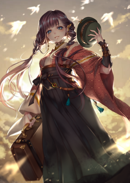Anime picture 888x1242 with original ao+beni single long hair tall image looking at viewer blush fringe blue eyes smile brown hair holding signed sky cloud (clouds) blunt bangs braid (braids) traditional clothes parted lips japanese clothes