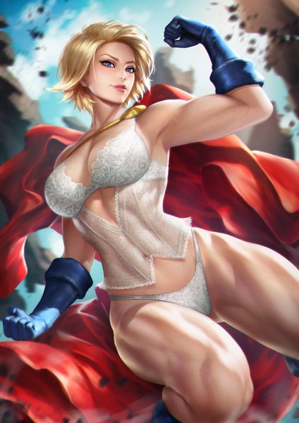 Anime picture 2480x3508 with dc comics power girl nudtawut thongmai single tall image looking at viewer blush highres short hair breasts blue eyes light erotic blonde hair large breasts sky cloud (clouds) bent knee (knees) outdoors parted lips lips