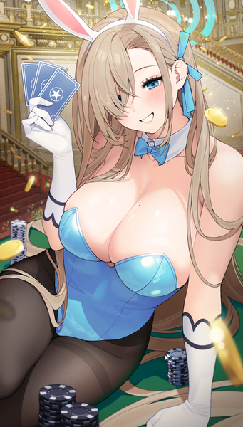 Anime picture 1500x2641 with blue archive asuna (blue archive) asuna (bunny) (blue archive) yeije single tall image fringe breasts blue eyes light erotic blonde hair smile animal ears indoors very long hair hair over one eye mole arm support bunny ears huge breasts