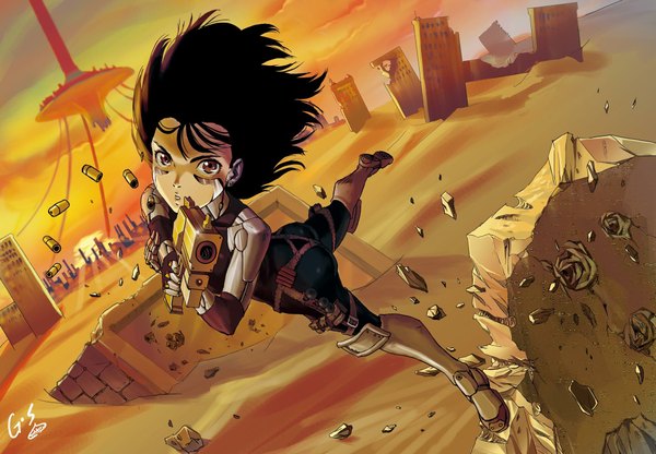 Anime picture 2019x1400 with battle angel alita gally as109 single highres short hair black hair brown eyes jumping ruins casing ejection girl weapon boots armor gun shell casing cyborg