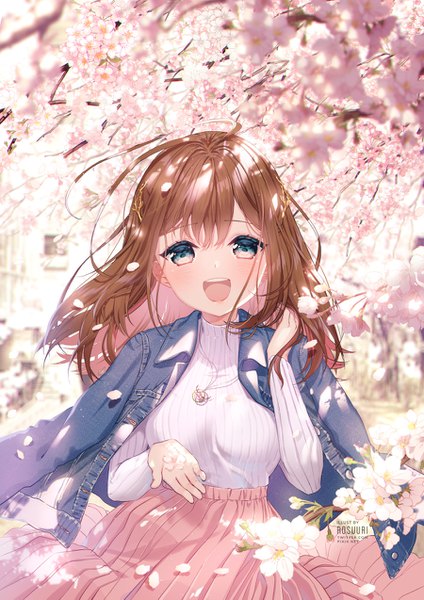 Anime picture 900x1273 with original rosuuri single long hair tall image looking at viewer blush fringe breasts open mouth blue eyes smile hair between eyes brown hair standing holding signed outdoors long sleeves :d