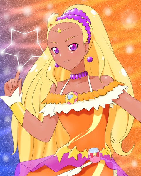 Anime picture 640x800 with precure star twinkle precure toei animation amamiya elena cure soleil fgod 7 single long hair tall image looking at viewer blush blonde hair simple background smile standing purple eyes bare shoulders ponytail dark skin magical girl