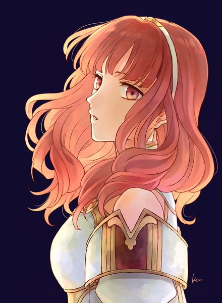 Anime picture 675x920 with fire emblem fire emblem echoes: shadows of valentia nintendo celica (fire emblem) akke single long hair tall image fringe simple background bare shoulders signed looking away upper body blunt bangs parted lips profile orange hair orange eyes floating hair
