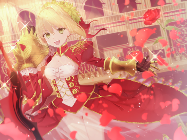 Anime picture 1600x1200 with fate (series) fate/extra nero claudius (fate) (all) nero claudius (fate) umeko 208 single looking at viewer short hair open mouth light erotic blonde hair green eyes cleavage ahoge :d sunlight sparkle girl dress flower (flowers)