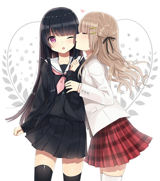 Anime picture 800x900 with original kurasawa moko long hair tall image looking at viewer blush fringe open mouth black hair brown hair white background multiple girls eyes closed profile pleated skirt pink eyes shadow floral print plaid skirt shoujo ai