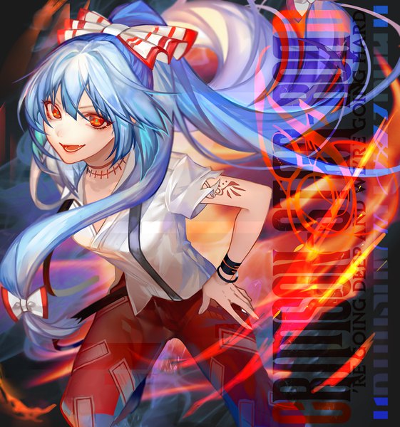 Anime picture 1341x1434 with touhou fujiwara no mokou loalo single long hair tall image looking at viewer fringe open mouth smile hair between eyes red eyes standing payot blue hair ponytail :d tattoo leaning leaning forward