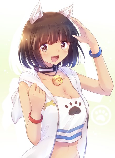 Anime picture 3175x4362 with yichang shengwu jianwen lu liu lili nyaa (nnekoron) single tall image looking at viewer fringe highres short hair open mouth brown hair brown eyes animal ears absurdres cleavage upper body blunt bangs :d open clothes sleeveless