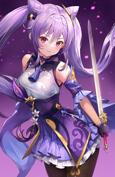 Anime picture 645x989 with genshin impact keqing (genshin impact) lunacle single long hair tall image looking at viewer blush fringe breasts simple background hair between eyes standing purple eyes twintails bare shoulders holding payot purple hair head tilt