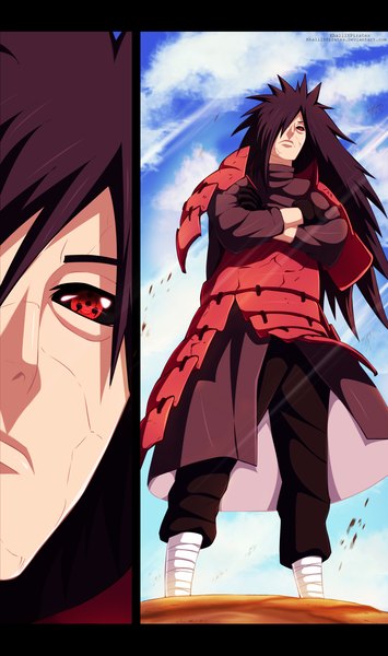 Anime picture 1965x3323 with naruto studio pierrot naruto (series) uchiha madara khalilxpirates long hair tall image fringe highres black hair red eyes sky cloud (clouds) sunlight hair over one eye coloring close-up crossed arms face sunbeam