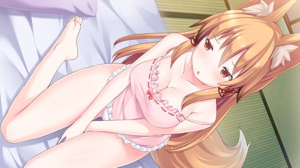 Anime picture 1280x720 with tenkiame kon (tenkiame) haik single long hair blush fringe breasts open mouth light erotic blonde hair hair between eyes red eyes wide image large breasts sitting animal ears payot looking away game cg