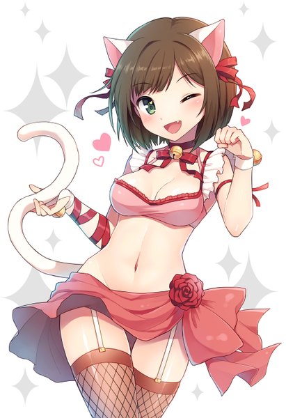 Anime picture 960x1400 with idolmaster idolmaster cinderella girls maekawa miku mauve single tall image looking at viewer blush short hair breasts open mouth light erotic brown hair standing bare shoulders green eyes animal ears tail animal tail one eye closed