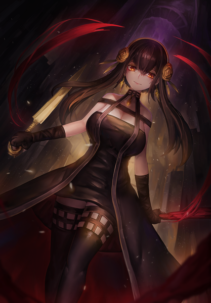 Anime picture 2437x3508 with spy x family yor briar ziteng yue single long hair tall image looking at viewer fringe highres breasts light erotic black hair hair between eyes red eyes large breasts standing bare shoulders holding cleavage hair flower