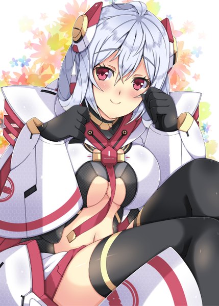 Anime picture 1000x1399 with phantasy star phantasy star online 2 sega matoi (pso2) milkpanda single long hair tall image looking at viewer blush light erotic smile red eyes silver hair floral background girl thighhighs gloves hair ornament black thighhighs
