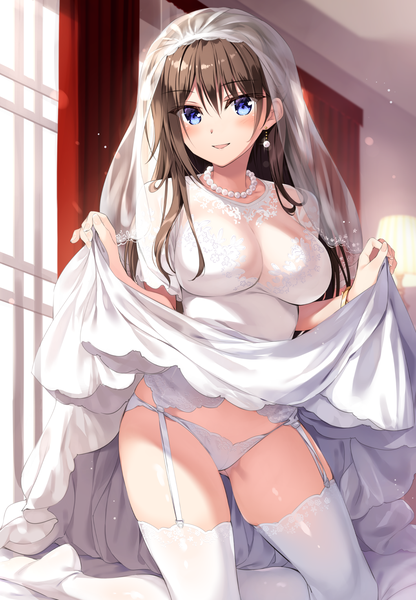 Anime picture 1060x1527 with boku no kanojo sensei fujiki maka oryou single long hair tall image looking at viewer blush fringe breasts open mouth blue eyes light erotic smile hair between eyes brown hair large breasts indoors :d no shoes