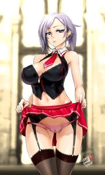 Anime picture 840x1400 with league of legends riven (league of legends) caooll (co-ohol) tall image looking at viewer fringe short hair breasts blue eyes light erotic large breasts grey hair underwear only cameltoe skirt lift girl thighhighs skirt navel underwear