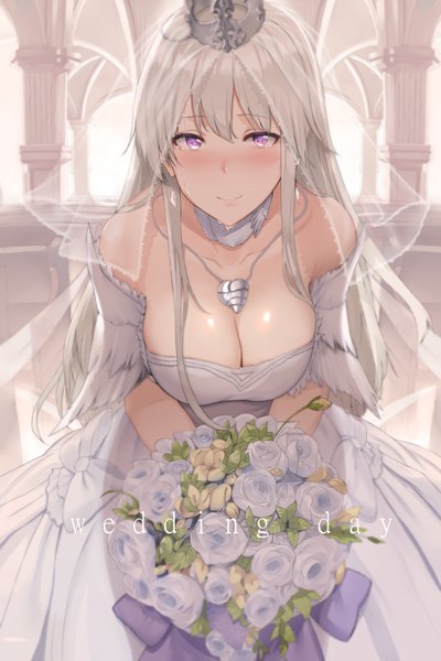 Anime picture 4000x6000 with azur lane enterprise (azur lane) enterprise (starlight oath) (azur lane) hews single long hair tall image looking at viewer blush fringe highres breasts light erotic smile hair between eyes large breasts standing purple eyes bare shoulders holding