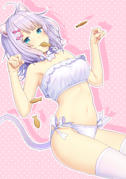 Anime picture 1000x1419 with original daidai jamu single long hair tall image looking at viewer blush fringe short hair breasts blue eyes light erotic simple background smile bare shoulders holding animal ears purple hair ahoge tail