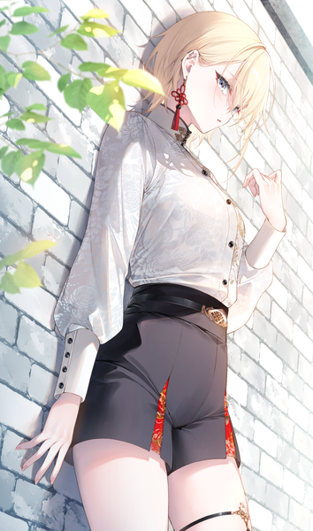 Anime picture 1087x1842 with original toosaka asagi single tall image looking at viewer fringe short hair open mouth blue eyes blonde hair hair between eyes standing outdoors long sleeves arm up from below piercing floral print ear piercing against wall