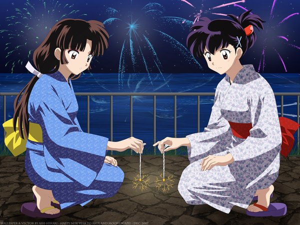 Anime picture 1600x1200 with inuyasha higurashi kagome sango ash-hikari long hair short hair brown hair multiple girls brown eyes signed purple hair outdoors traditional clothes japanese clothes night horizon vector fireworks folded ponytail 2007