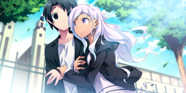 Anime picture 2400x1200 with kaminoyu (game) long hair highres black hair smile wide image purple eyes game cg purple hair couple girl boy