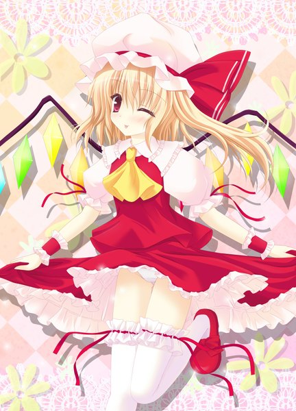 Anime picture 1214x1684 with touhou flandre scarlet shimotsuki keisuke tall image blush light erotic blonde hair red eyes one eye closed wink one side up girl thighhighs skirt underwear panties hat white thighhighs wings skirt set