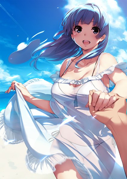 Anime picture 680x960 with original sasaoka gungu long hair tall image blush fringe breasts open mouth blue eyes light erotic large breasts holding blue hair sky cleavage cloud (clouds) outdoors wind crossed legs outstretched arm