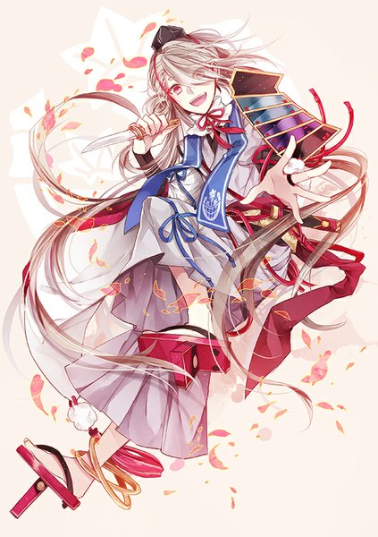 Anime picture 595x842 with touken ranbu nitroplus ima-no-tsurugi flywinga7 single tall image looking at viewer fringe open mouth simple background red eyes holding full body very long hair traditional clothes japanese clothes happy boy weapon petals