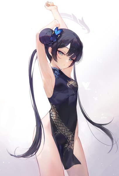 Anime picture 2378x3508 with blue archive kisaki (blue archive) hansum single long hair tall image looking at viewer highres light erotic black hair simple background standing twintails traditional clothes arms up armpit (armpits) grey eyes hair bun (hair buns) chinese clothes side slit