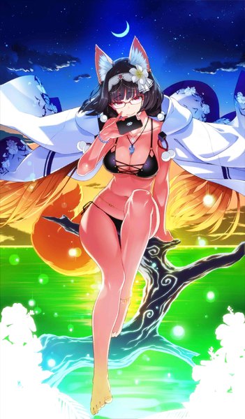 Anime picture 512x875 with fate (series) fate/grand order osakabe-hime (fate/grand order) shaka p single long hair tall image fringe breasts light erotic black hair red eyes large breasts sitting twintails animal ears cloud (clouds) tail blunt bangs animal tail