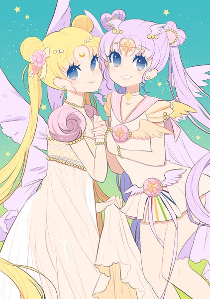 Anime picture 700x995 with bishoujo senshi sailor moon toei animation tsukino usagi princess serenity sailor cosmos pan (kumahshuan) long hair tall image looking at viewer blush blue eyes blonde hair smile twintails multiple girls purple hair hair bun (hair buns) sleeveless gradient background turning head