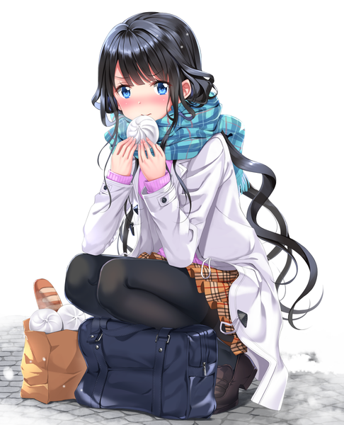 Anime-Bild 1187x1464 mit masamune-kun no revenge silver link adagaki aki swordsouls single long hair tall image looking at viewer blush fringe blue eyes black hair simple background white background holding bent knee (knees) embarrassed plaid skirt wavy hair squat