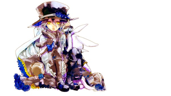 Anime picture 1998x1129 with pandora hearts xebec white rabbit xerxes break highres short hair wide image white background yellow eyes purple hair hat boots toy stuffed animal child (children) bunny blue rose