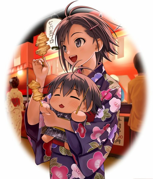 Anime picture 894x1050 with idolmaster puchimasu! kikuchi makoto makochii nekopuchi tall image blush short hair open mouth brown hair looking away ahoge traditional clothes japanese clothes grey eyes floral print chibi festival girl hair ornament