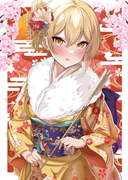 Anime picture 2976x4175 with genshin impact lumine (genshin impact) yashita saki single tall image looking at viewer blush fringe highres short hair blonde hair hair between eyes holding yellow eyes traditional clothes japanese clothes cherry blossoms floral print border new year